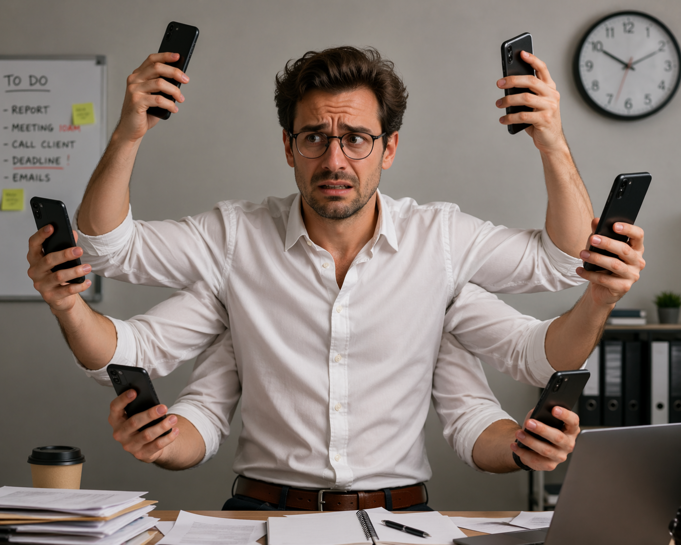 Un freelance avec six bras sur lesquelles ont trouvent des télephones portables